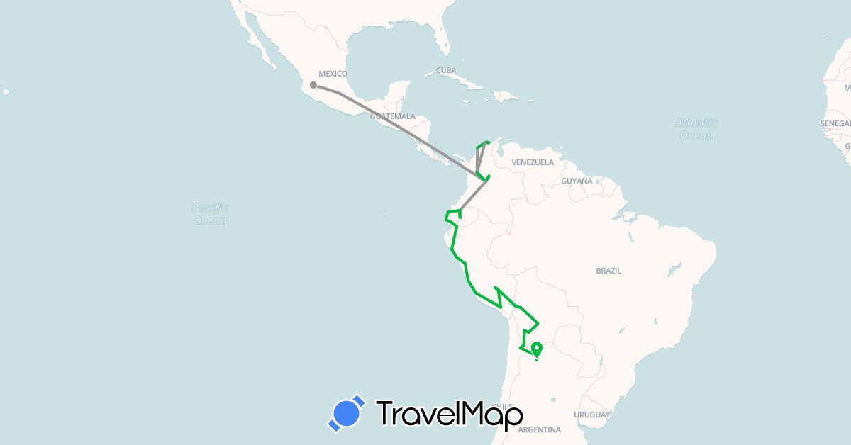 TravelMap itinerary: bus, plane in Argentina, Bolivia, Chile, Colombia, Ecuador, Mexico, Peru (North America, South America)